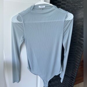 Iris NWT Blue Sheer Long Sleeve Bodysuit, double lined body / Sz Med w stretch